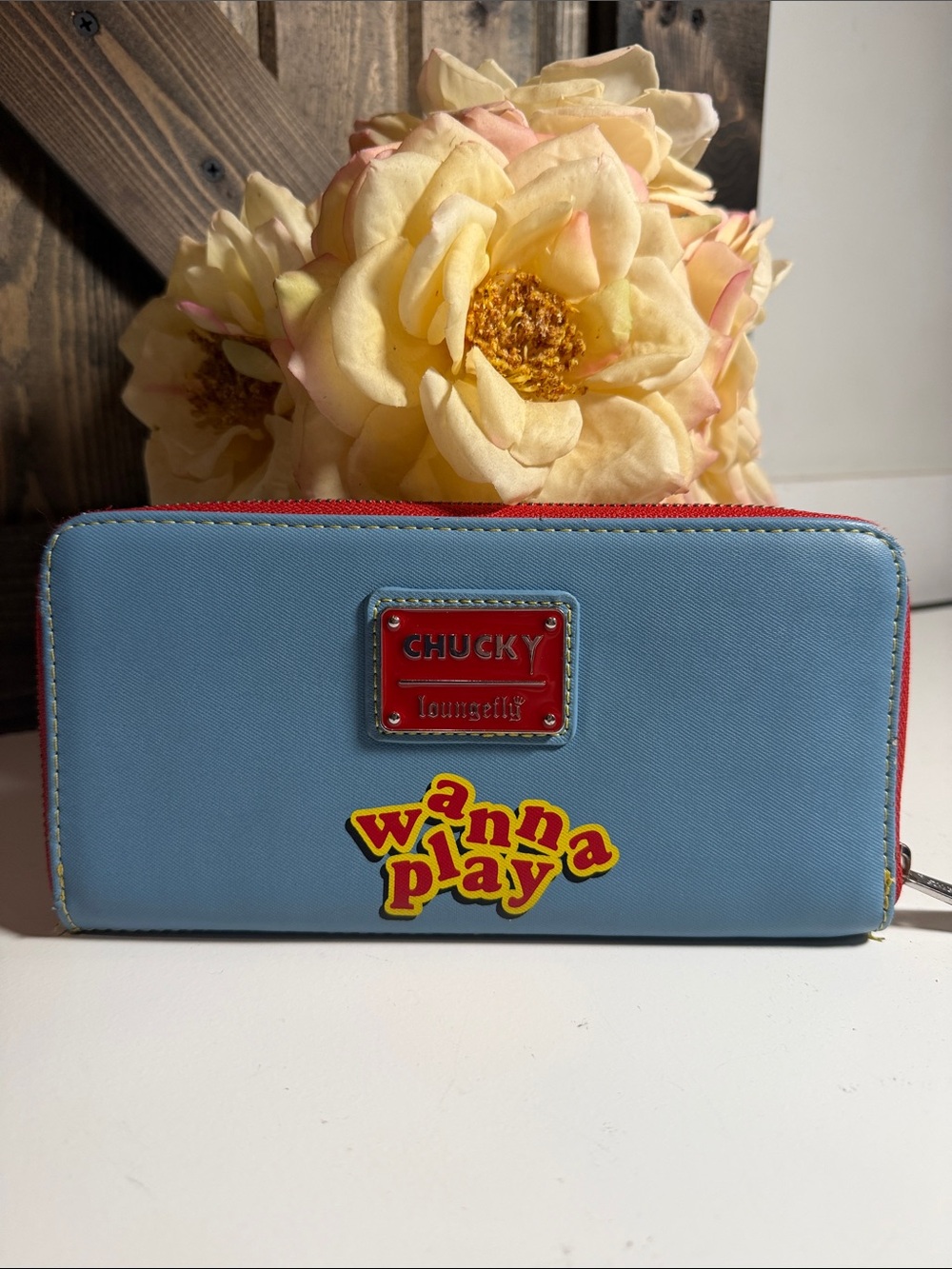 Loungefly Light Blue Wallet with Red Trim and Yellow/Red Decal